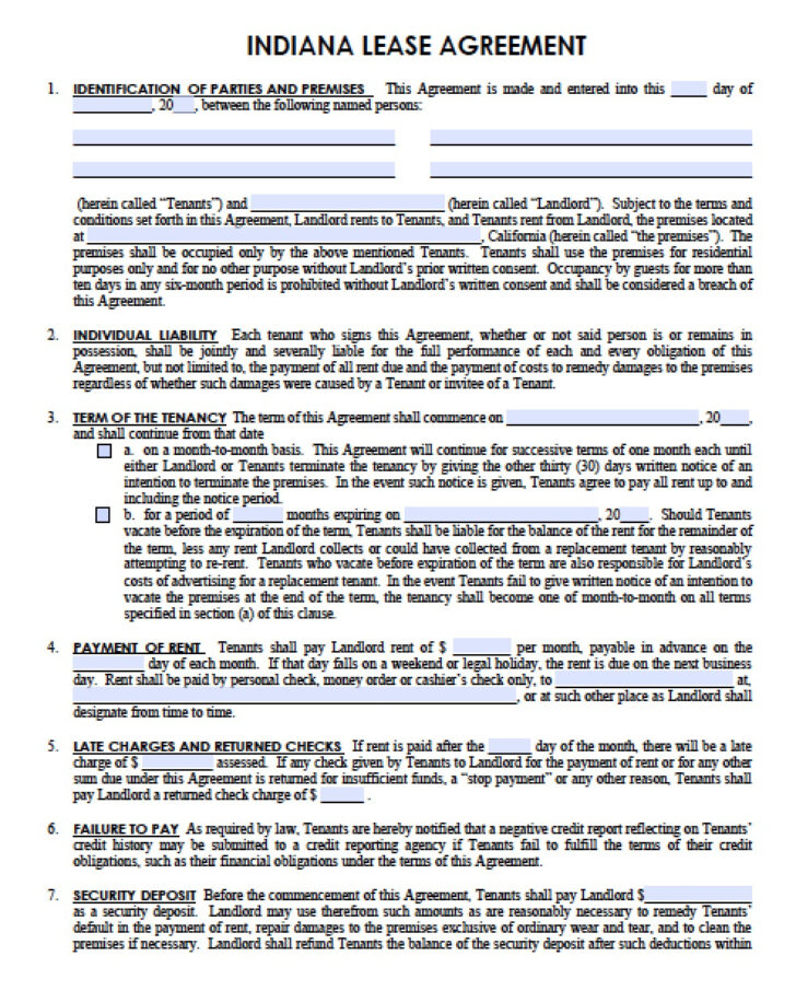 Free Printable Indiana Lease Agreement
