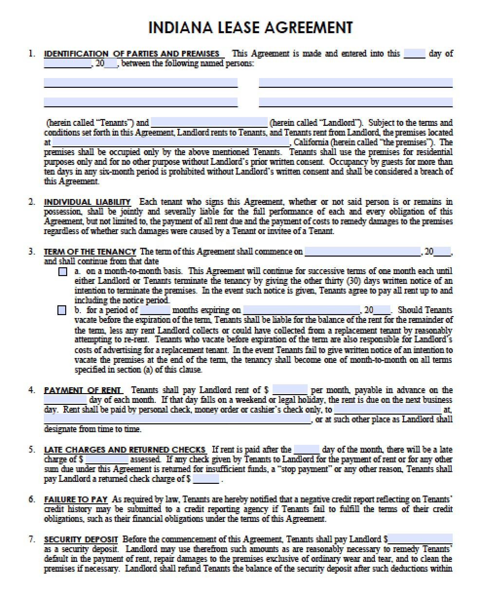 Free Indiana Rental Lease Agreement Templates | Pdf | Word intended for Free Printable Indiana Lease Agreement