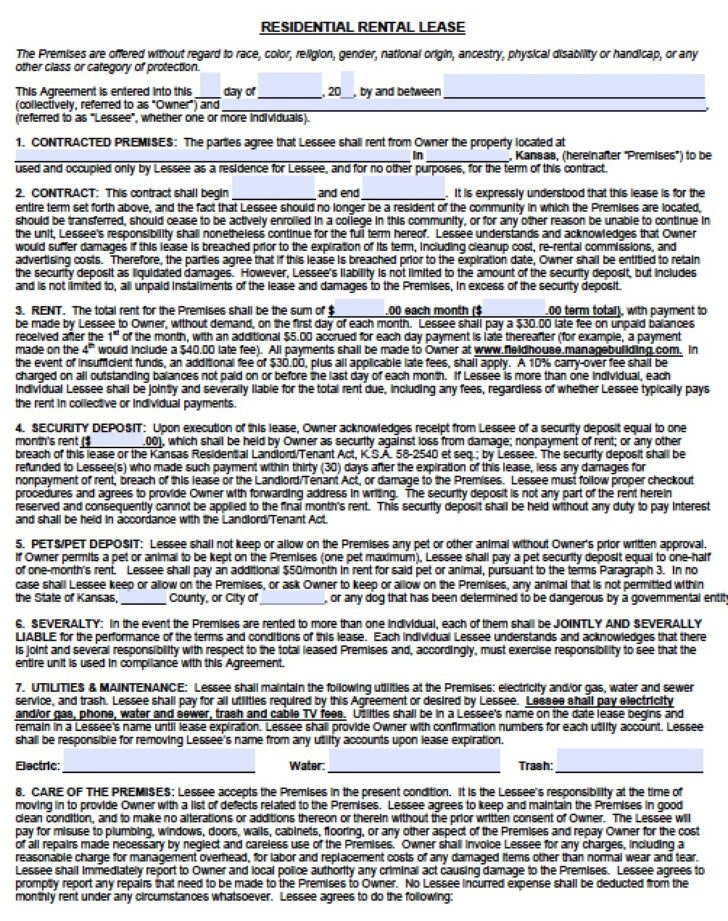 Kansas Rental Lease Agreement Free Printable