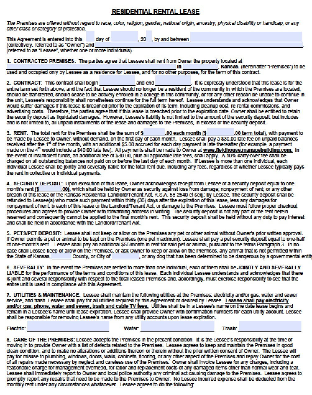 Free Kansas Rental Lease Agreement Templates | Pdf | Word regarding Lease Rental Agreement Kansas Printable