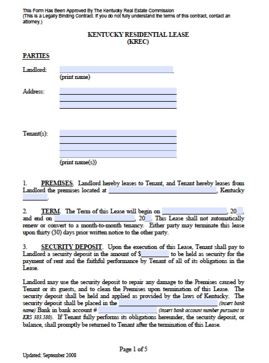 Free Kentucky Rental Lease Agreement Templates | Pdf | Word throughout Ky Lease Agreement Free Printable
