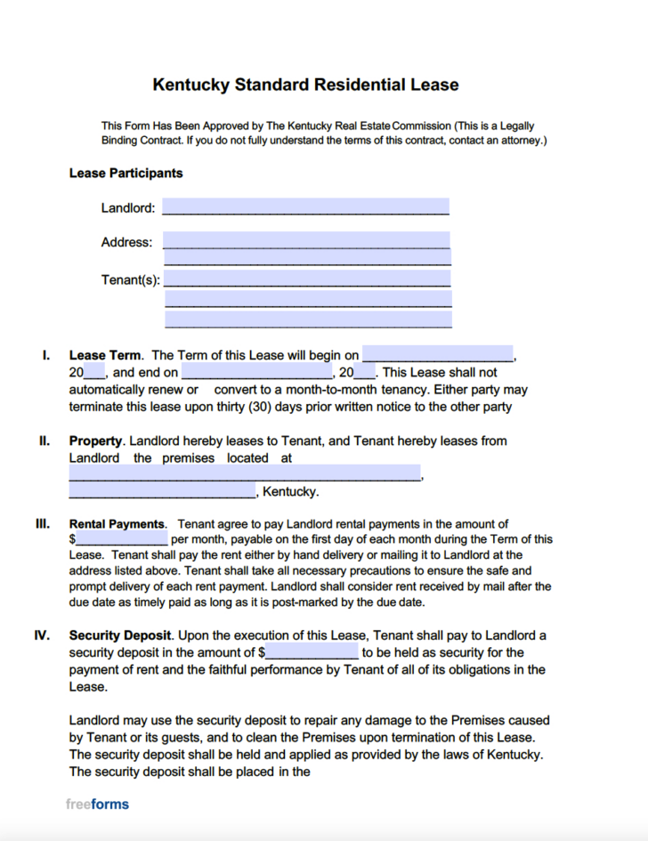 Ky Residential Lease Agreement Printable