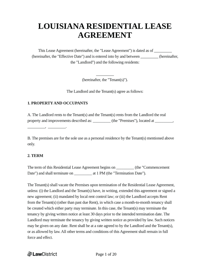 Free Louisiana Residential Lease Agreement | Pdf &amp;amp; Word | Lawdistrict inside Louisiana Lease Agreement Printable
