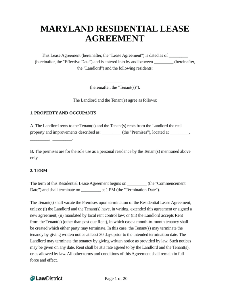 Free Maryland Rental Lease Agreement | Pdf &amp;amp; Sample | Lawdistrict in Maryland Lease Agreement Printable