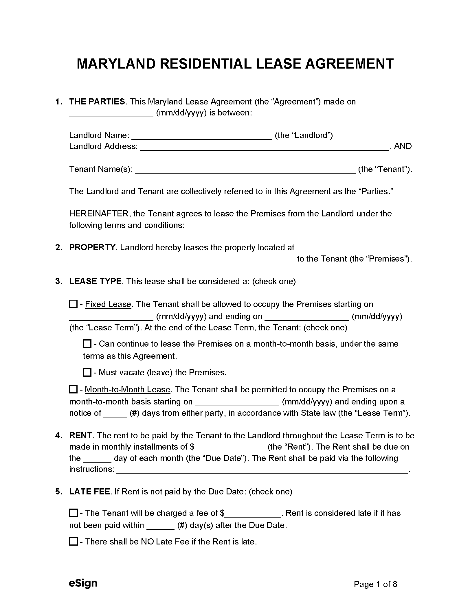 Free Maryland Rental Lease Agreement Templates (6) | Pdf | Word throughout Maryland Lease Agreement Printable