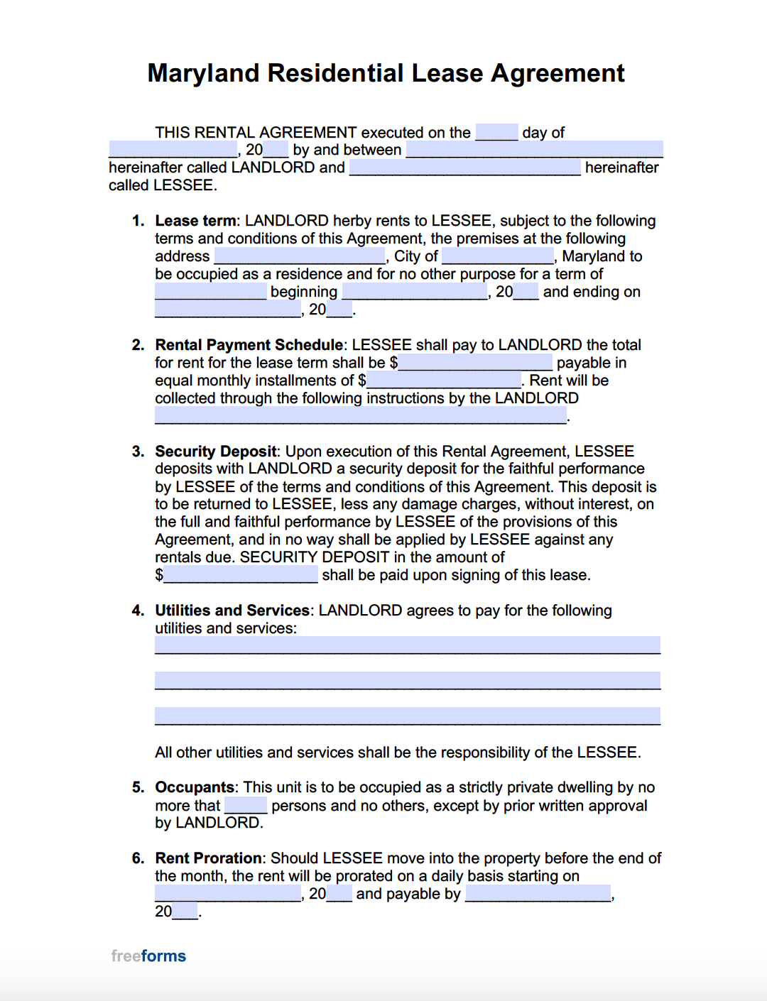 Free Maryland Rental Lease Agreement Templates | Pdf | Word intended for Maryland Lease Agreement Template Printable