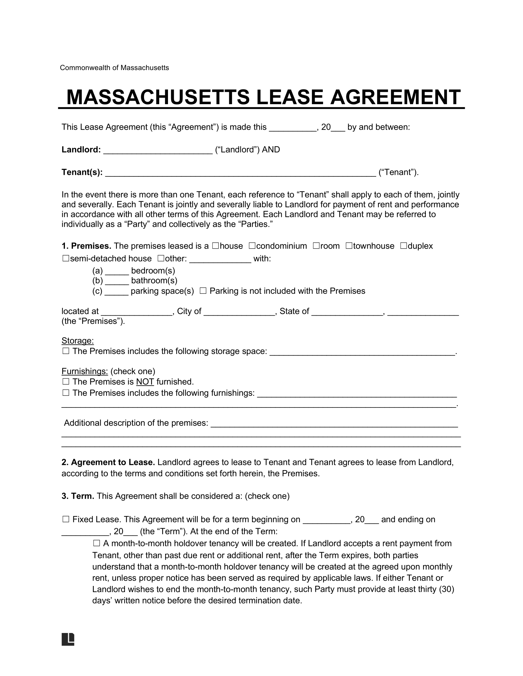Free Massachusetts Lease Agreement Templates (6) | Pdf &amp;amp; Word for Free Printable Lease Agreement Massachusetts