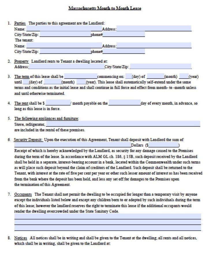 Free Printable Lease Agreement Massachusetts