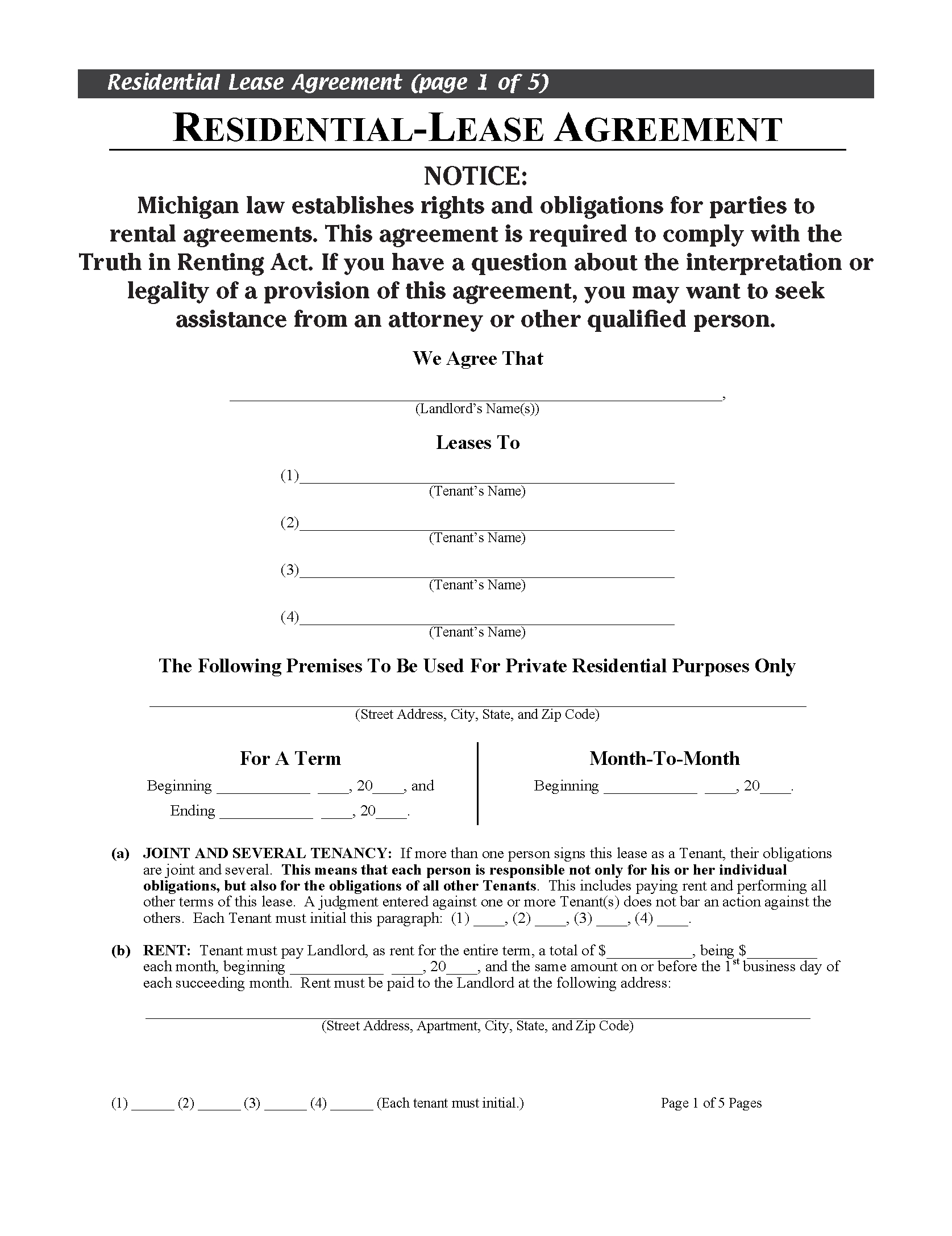 Free Michigan Residential Lease Agreement | Pdf for Free Printable Lease Agreement Michigan Template