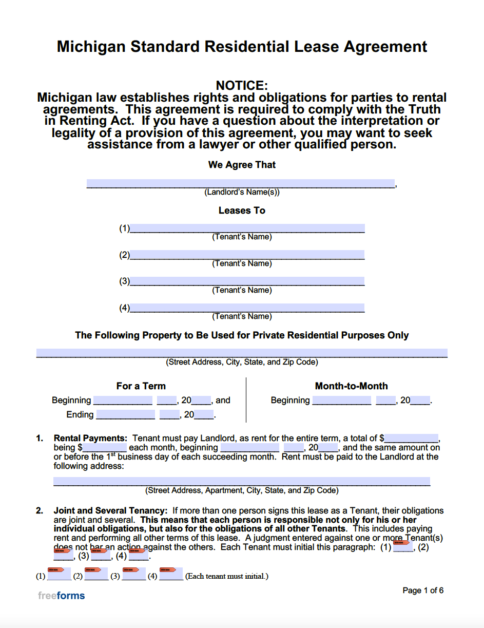 Free Michigan Standard Residential Lease Agreement Template | Pdf with Lease Agreement Michigan Template Printable
