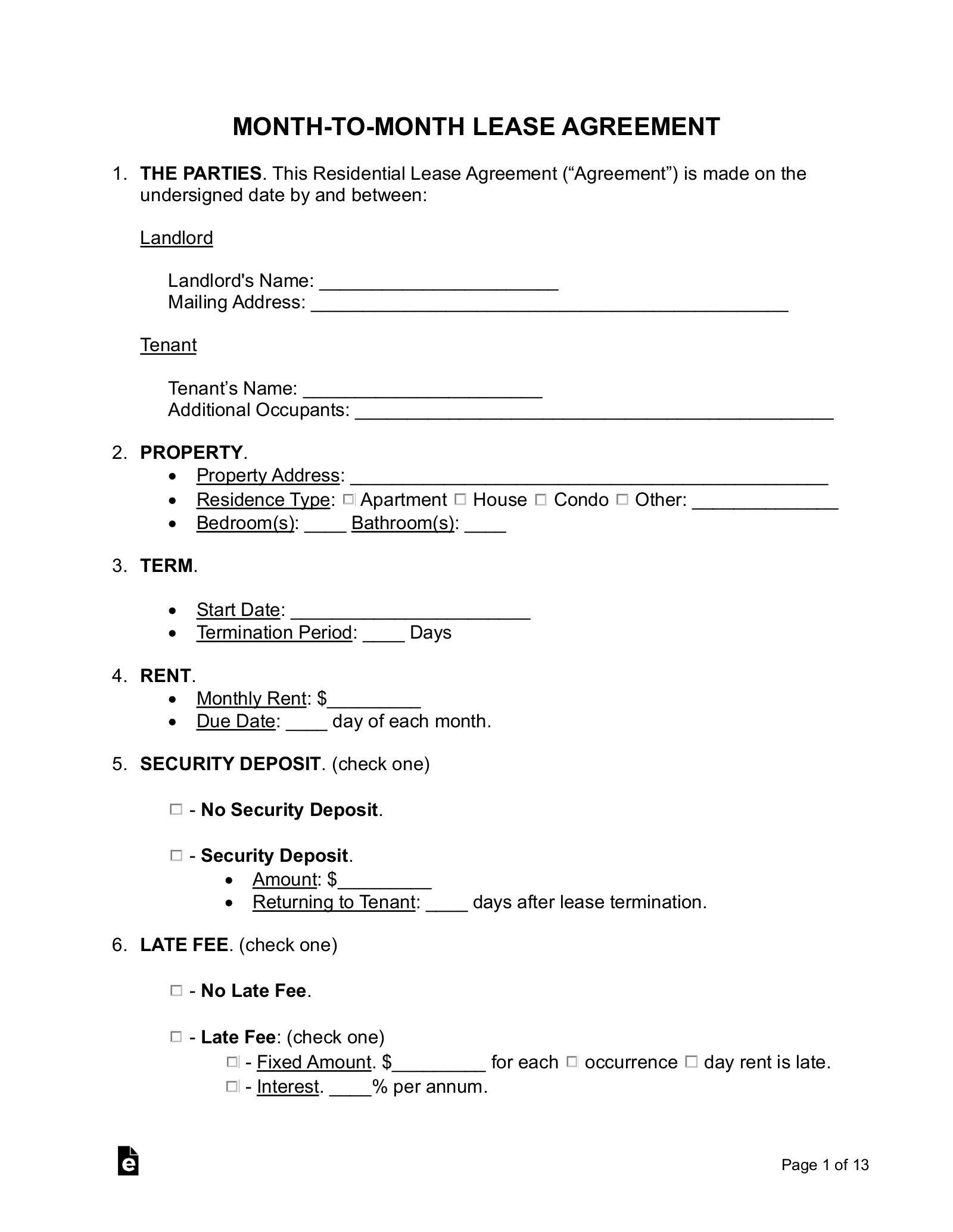 Free Month-To-Month Lease Agreement Template - Pdf | Word – Eforms intended for Free Printable Monthly Lease Agreement