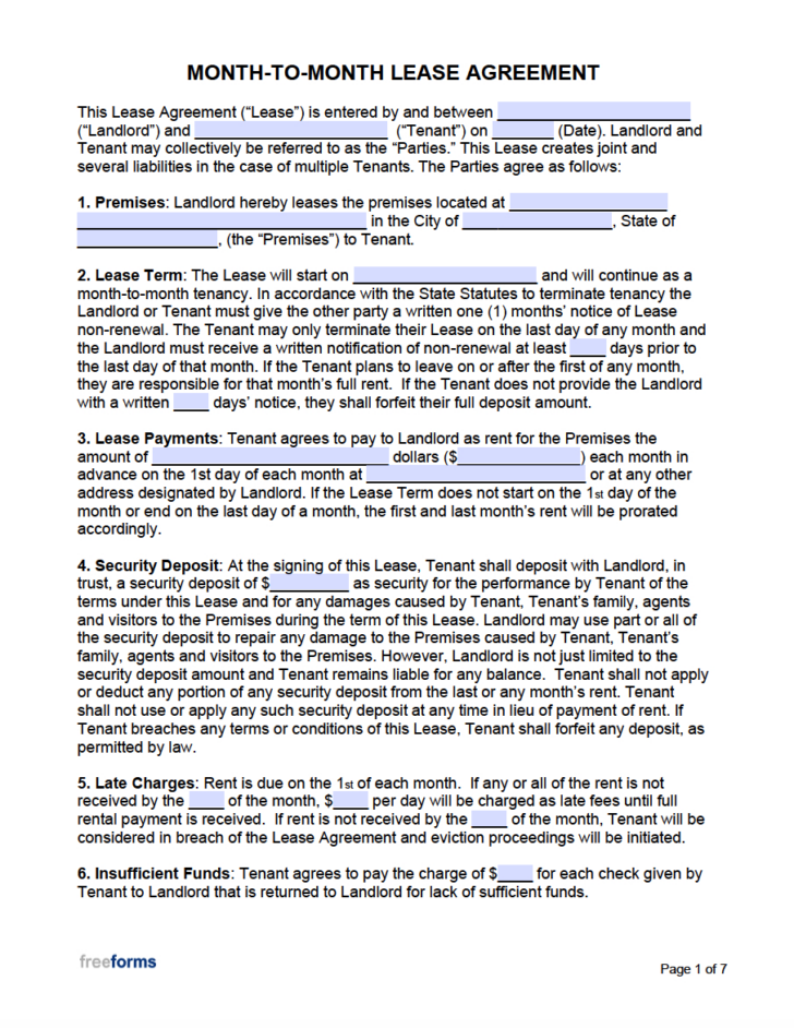 Printable Monthly Lease Agreement