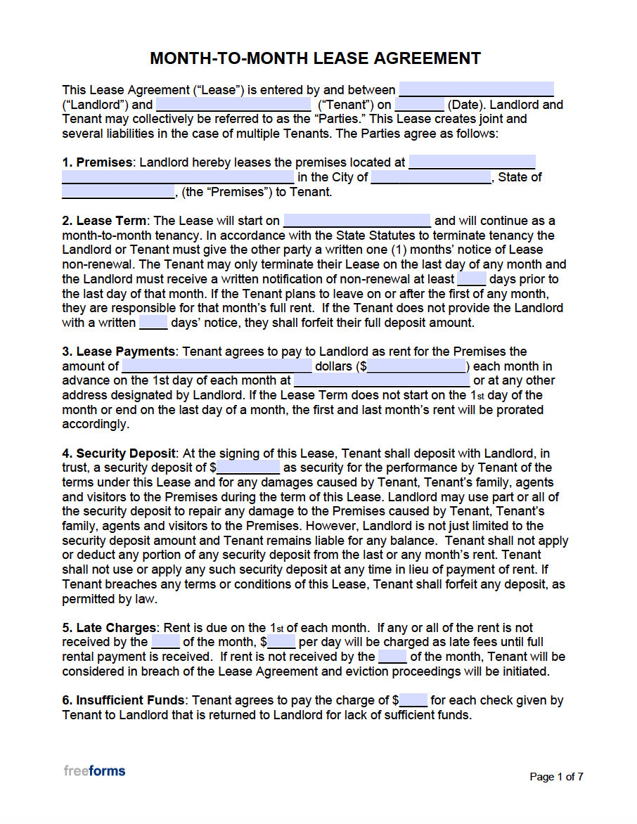 Free Month-To-Month Lease Agreement Templates | Pdf | Word with regard to Free Printable Monthly Lease Agreement
