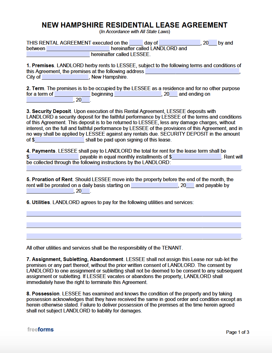 Free New Hampshire Rental Lease Agreement Templates | Pdf | Word pertaining to Free Printable Lease Agreement Nh