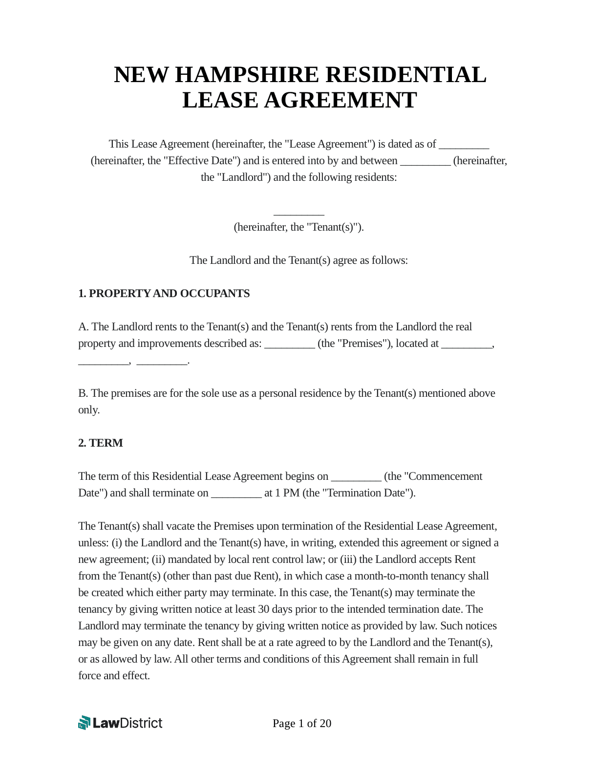 Free New Hampshire Residential Lease Agreement | Form | Lawdistrict with regard to Free Printable Lease Agreement Nh
