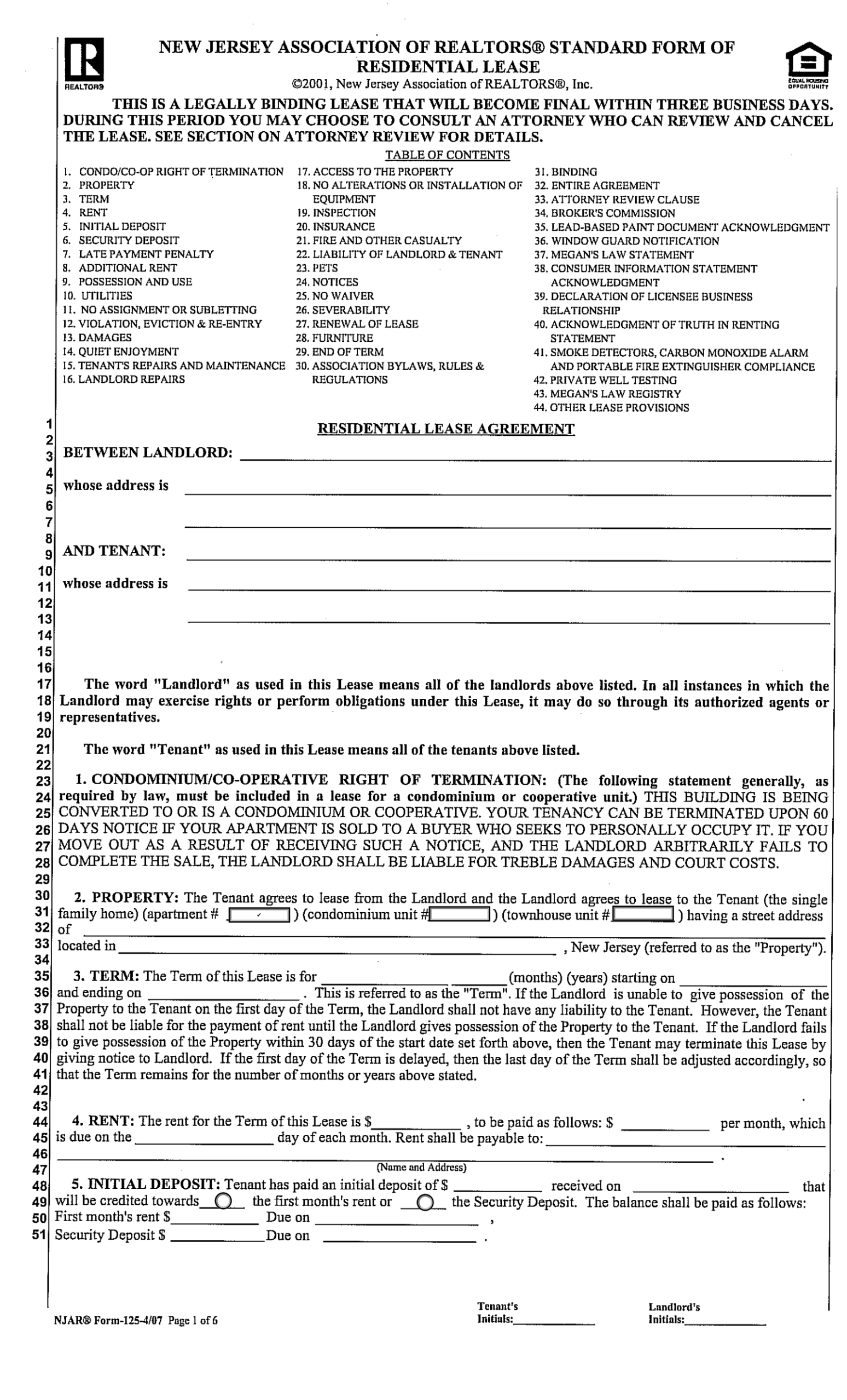 Free New Jersey Lease Agreement Templates (7) - Pdf | Word – Eforms regarding Nj Lease Agreement Printable