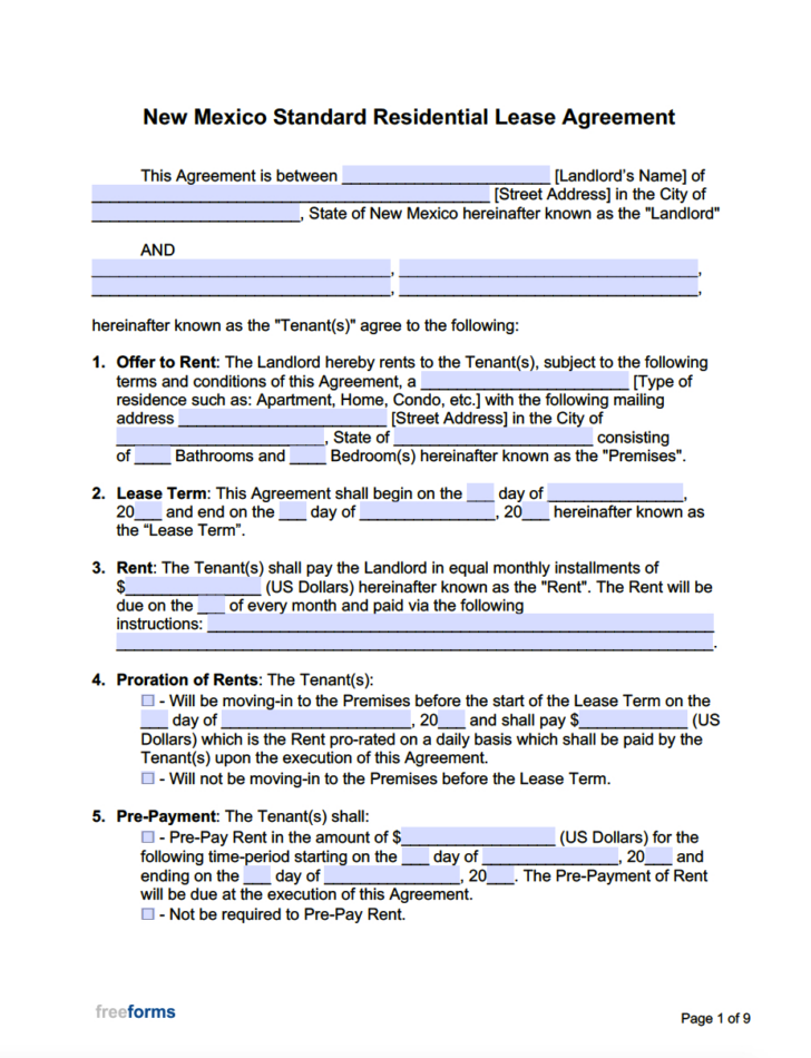 New Mexico Lease Agreement Form Printable