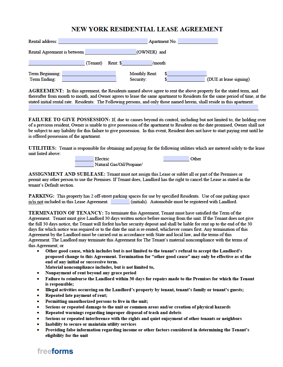 Free New York Rental Lease Agreement Templates | Pdf with Printable Lease Agreement New York