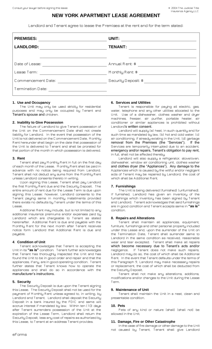 Pdf Printable New York City Residential Lease Agreement Form