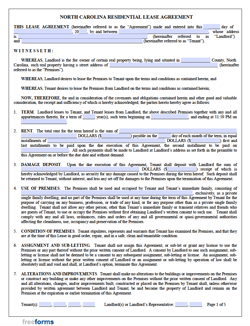 Free North Carolina Rental Lease Agreement Templates | Pdf pertaining to Printable Lease Agreement North Carolina