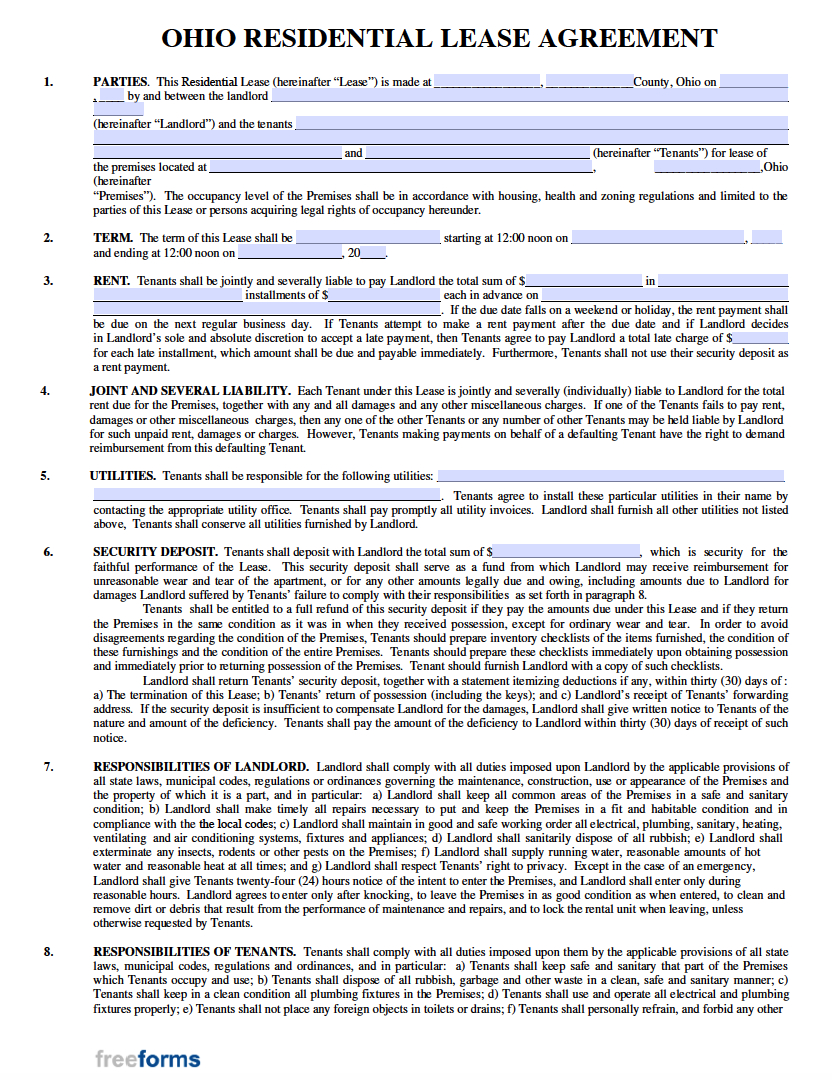 Free Ohio Rental Lease Agreement Templates | Pdf with Free Printable Ohio Lease Agreement