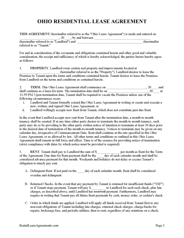 Free Printable Ohio Lease Agreement