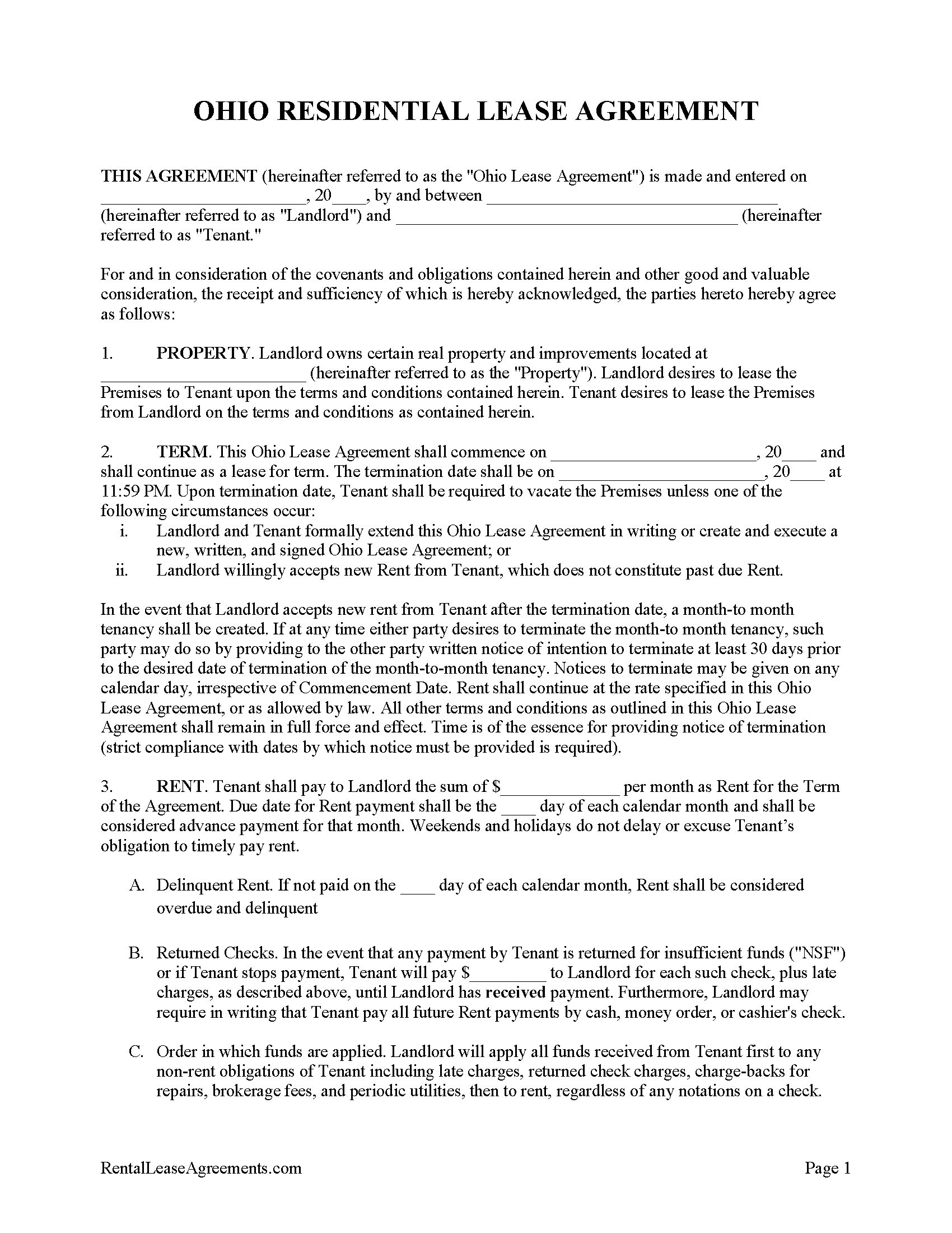 Free Ohio Residential Lease Agreement | Pdf regarding Free Printable Ohio Lease Agreement