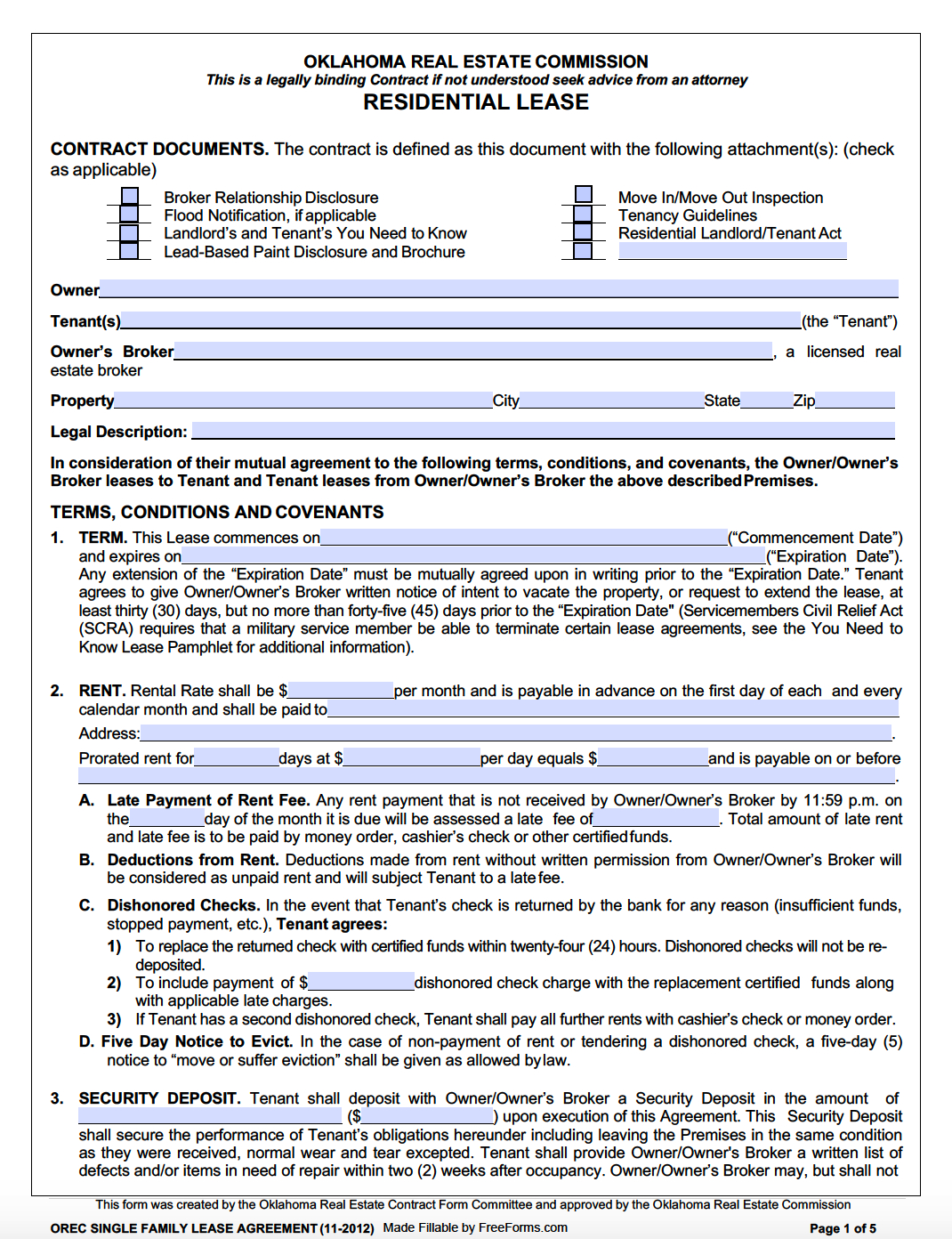 Free Oklahoma Standard Residential Lease Agreement Template | Pdf with Oklahoma Lease Agreement Printable Free