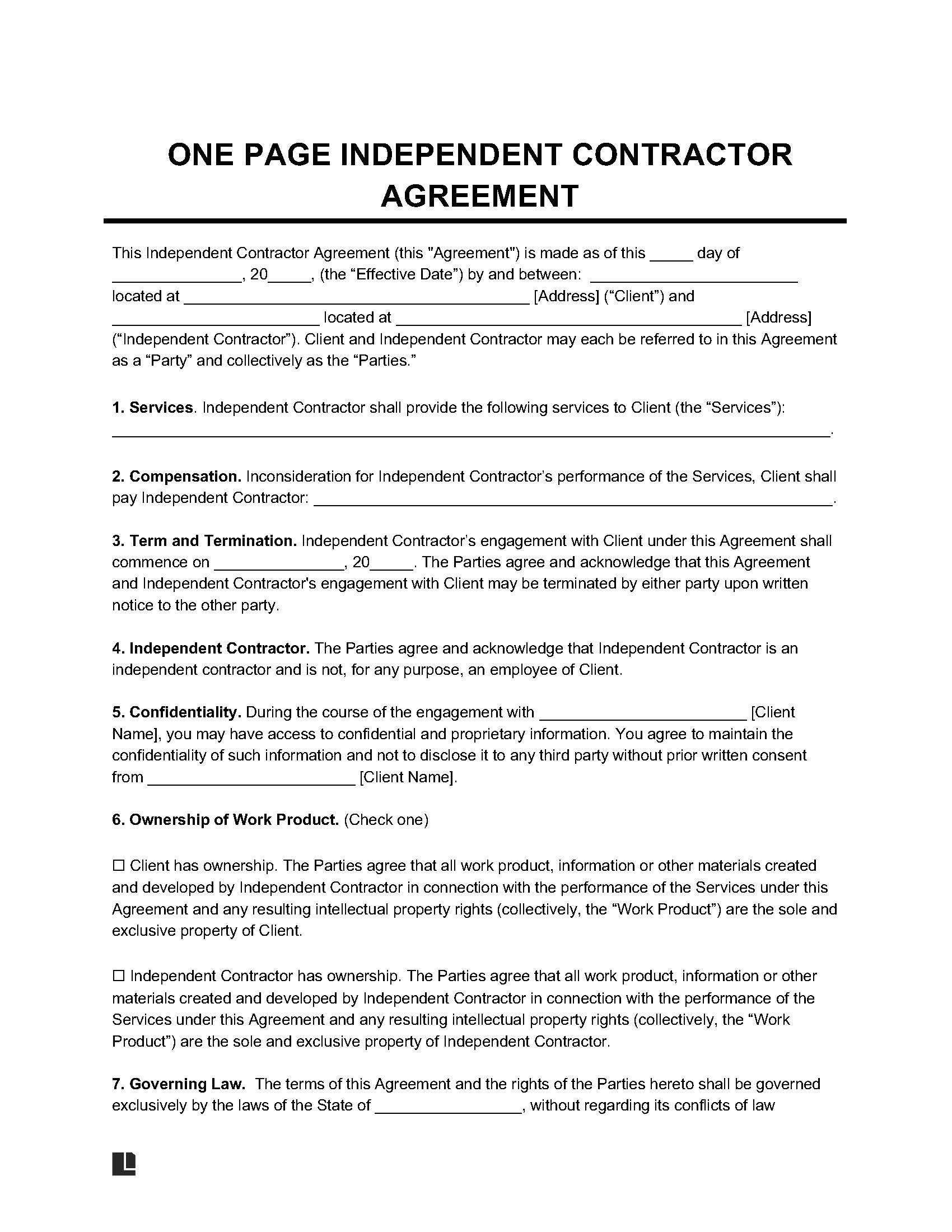 Free One-Page Independent Contractor Agreement Template | Pdf &amp;amp; Word with Black And White Agreement Template