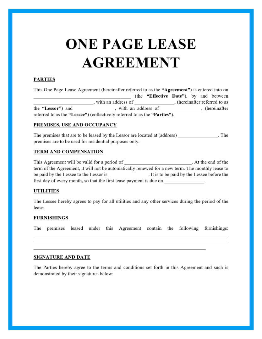 Free One Page Lease Agreement Templates pertaining to Lease Agreement Form Printable Editable