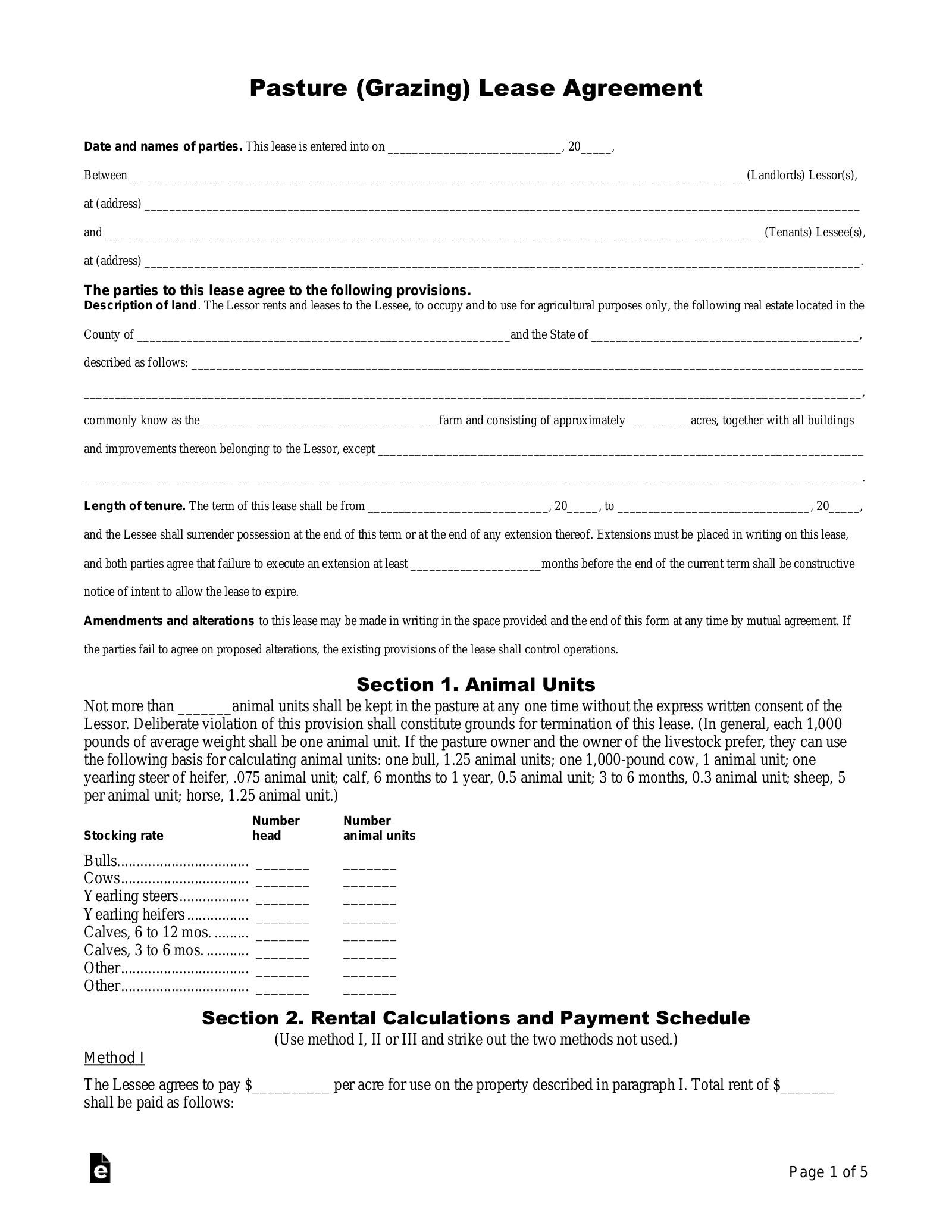 Free Pasture (Grazing) Rental Lease Agreement Template - Pdf regarding Free Printable Grazing Lease Agreement Uk
