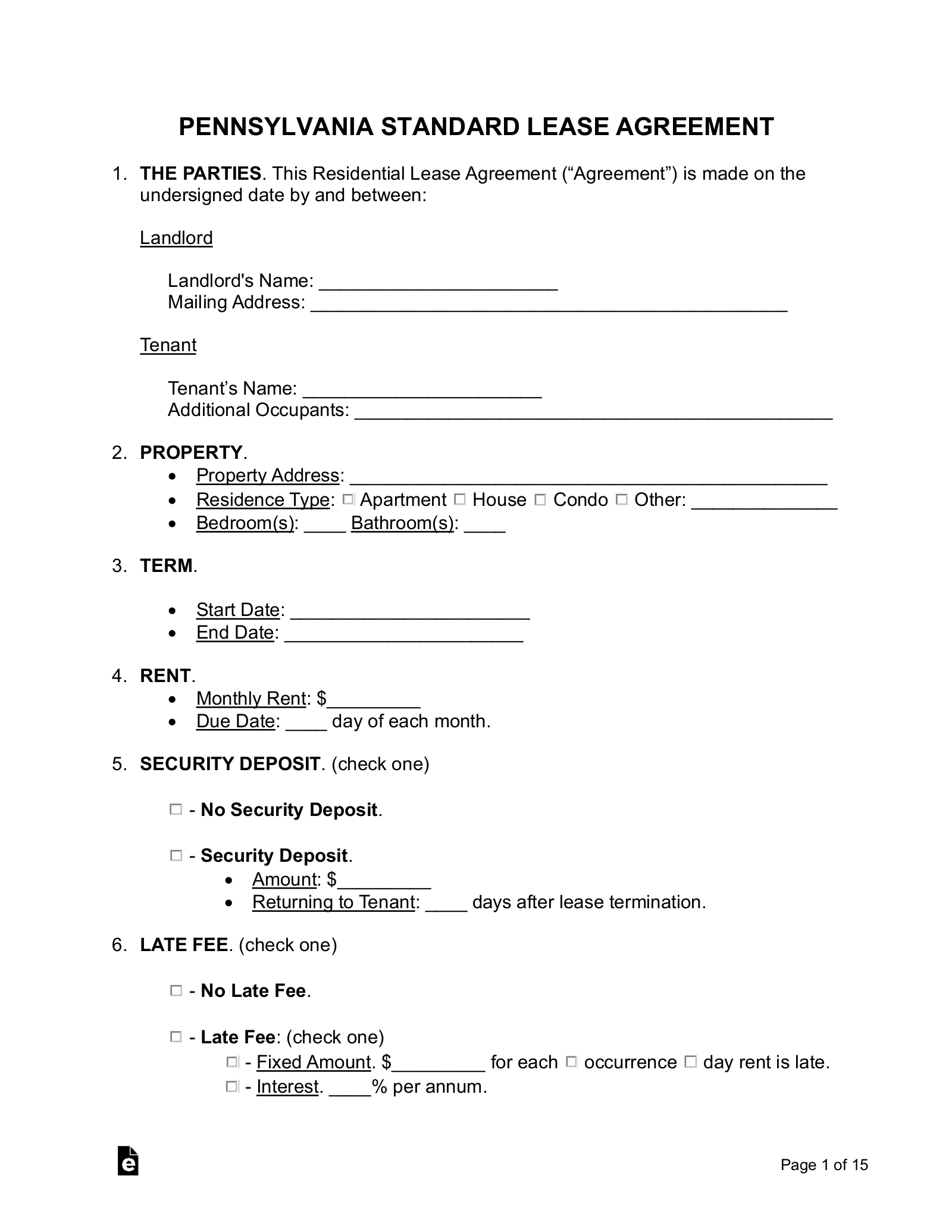 Free Pennsylvania Standard Residential Lease Agreement Template regarding Free Printable Lease Agreement Pennsylvania