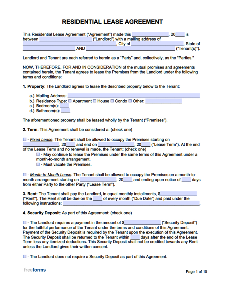 Free Generic Printable Lease Agreement