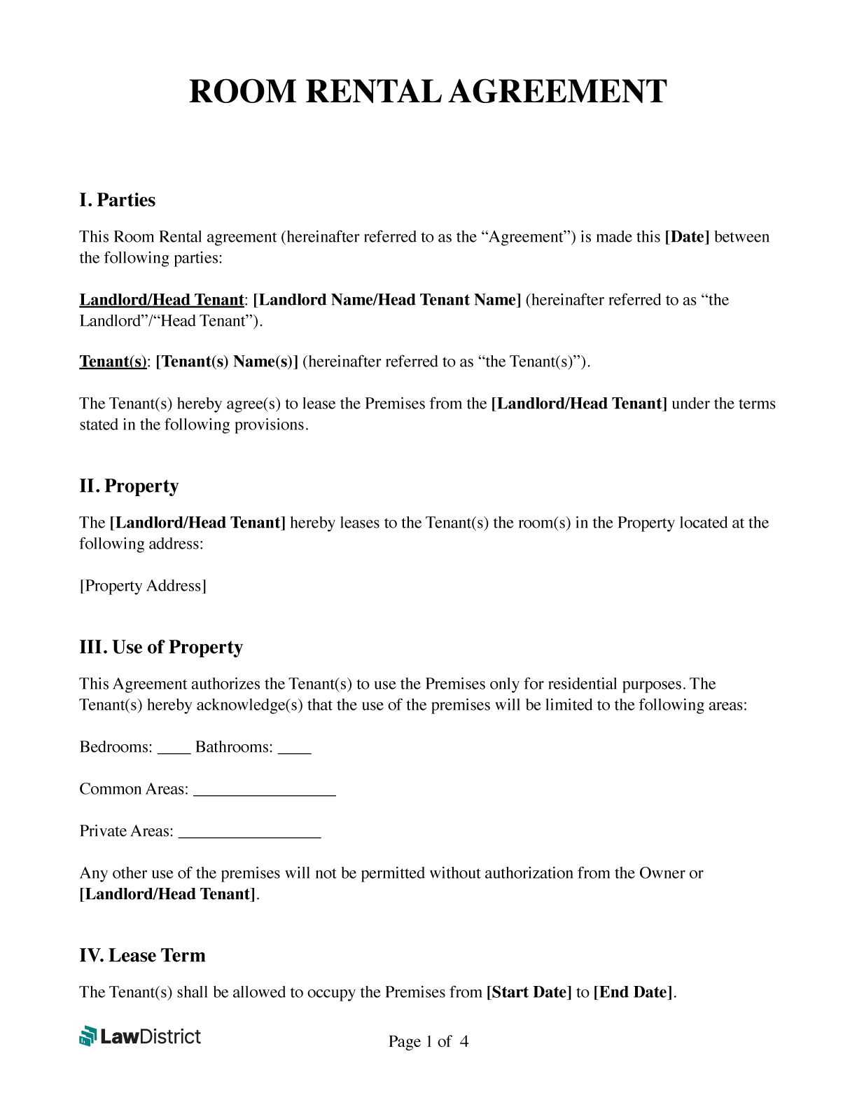 Free Room Rental Agreement | Pdf Template &amp;amp; Word | Lawdistrict for Printable Lease Agreement For Renting A Room