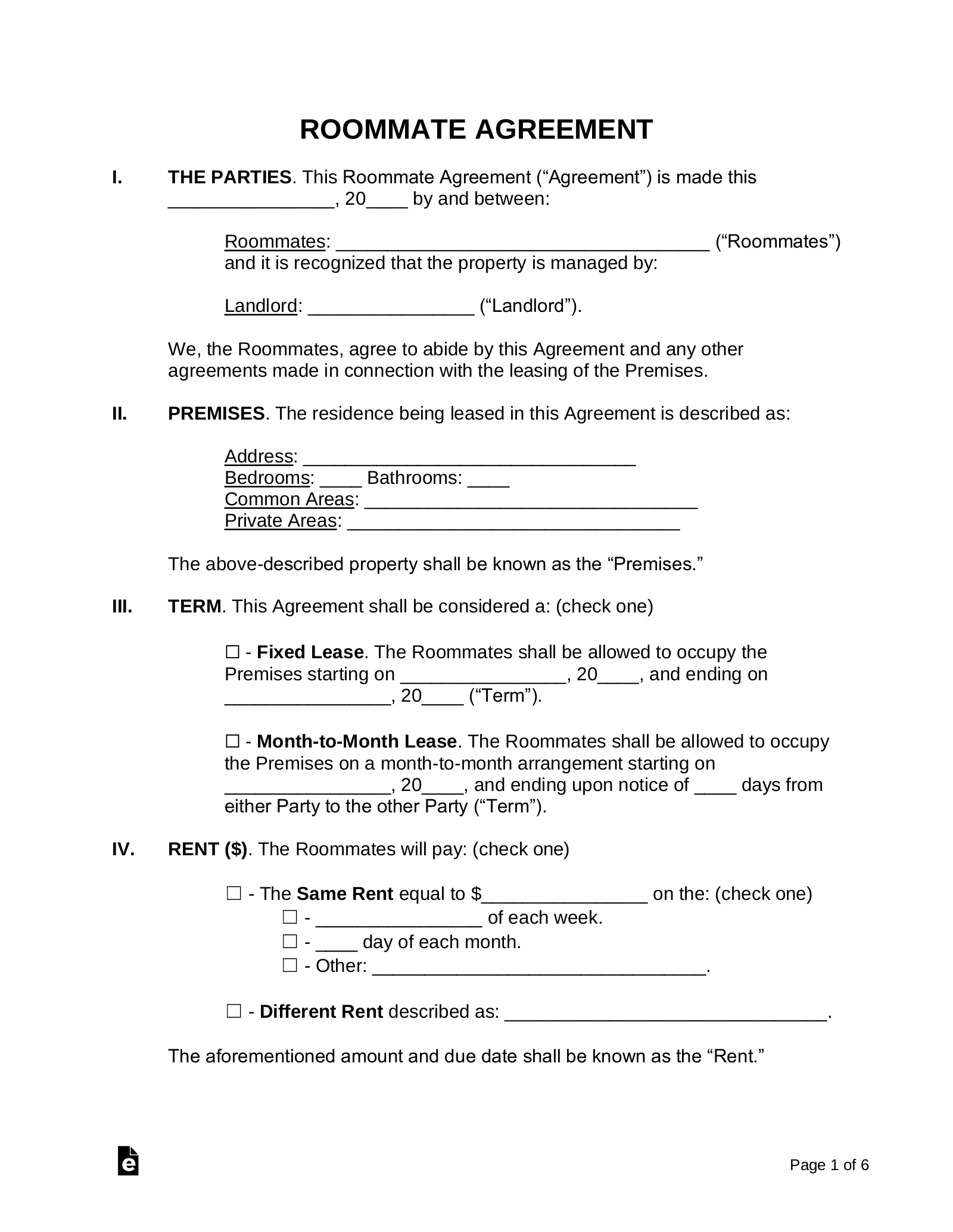 Free Roommate (Room Rental) Agreement Template - Pdf | Word – Eforms with Printable Lease Agreement For Room Rental