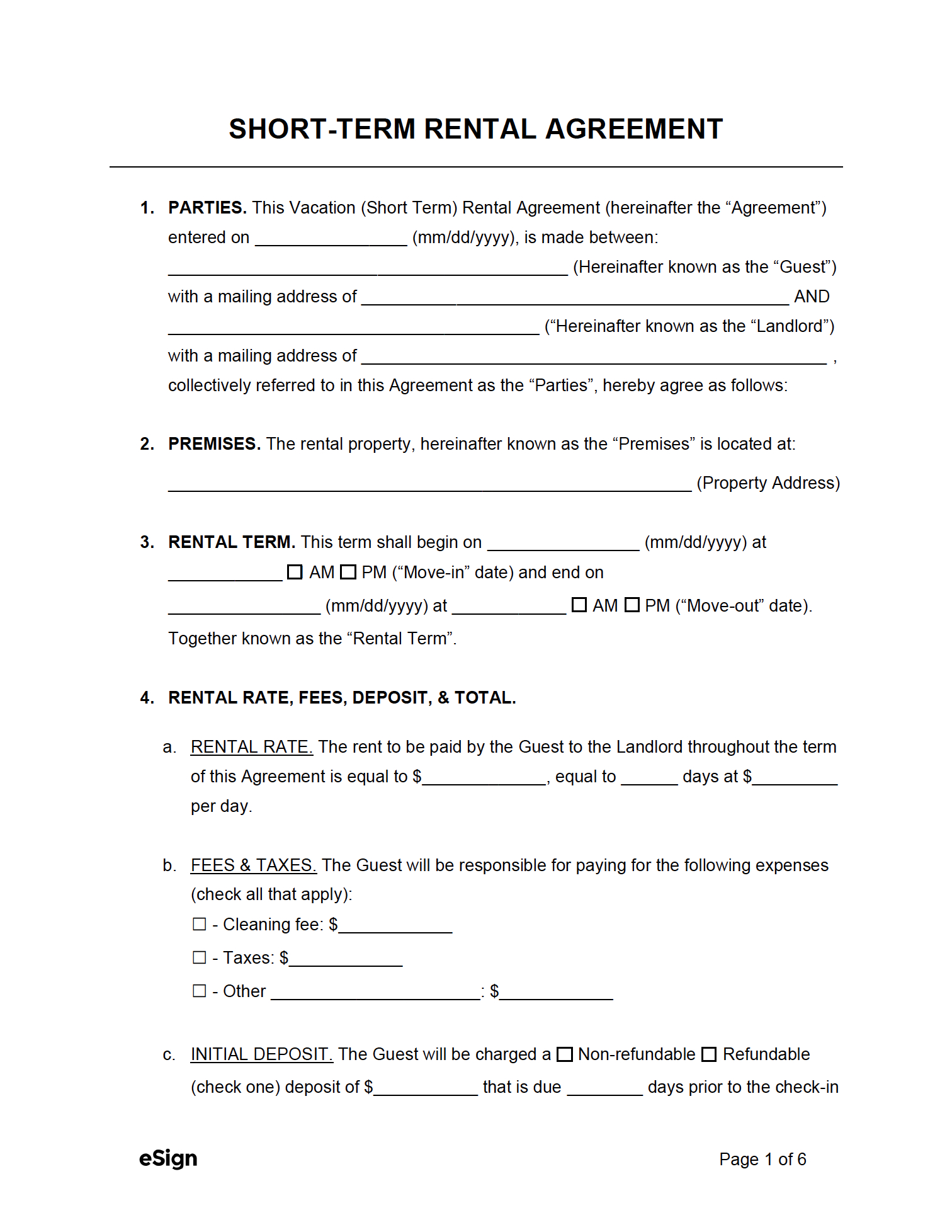 Free Short-Term / Vacation Lease Agreement Template | Pdf | Word with regard to Six Month Lease Rental Property Template