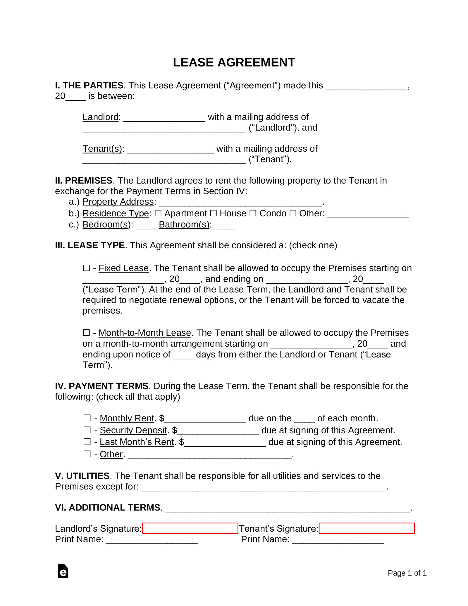 Free Simple 1-Page Lease Agreement Template | Sample - Pdf | Word inside One Page Lease Agreement Free
