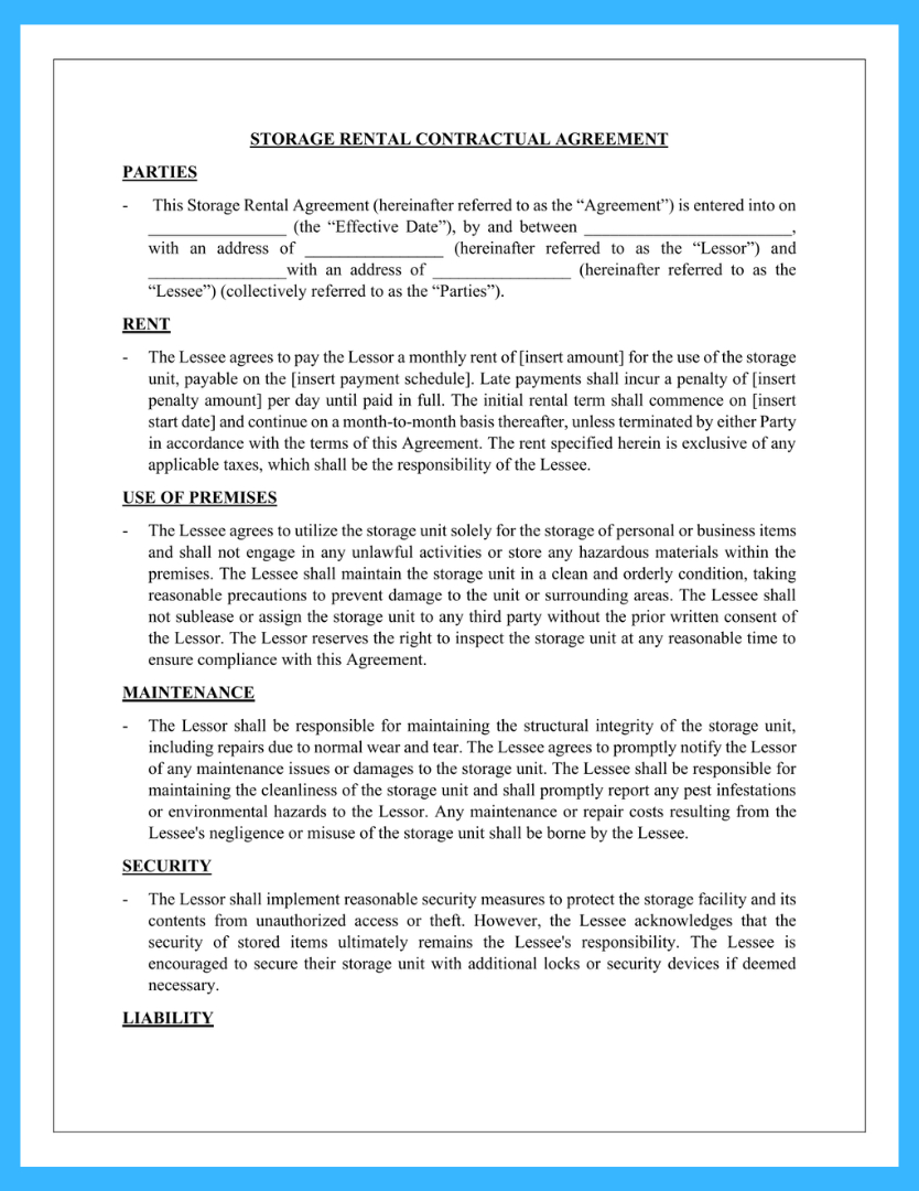 Free Simple Storage Rental Agreement Template in Free Printable Storage Unit Lease Agreement