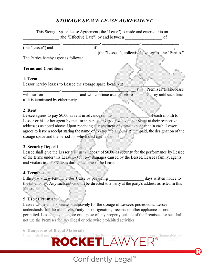 Free Storage Space Lease Agreement - Rocket Lawyer with Free Printable Storage Unit Lease Agreement