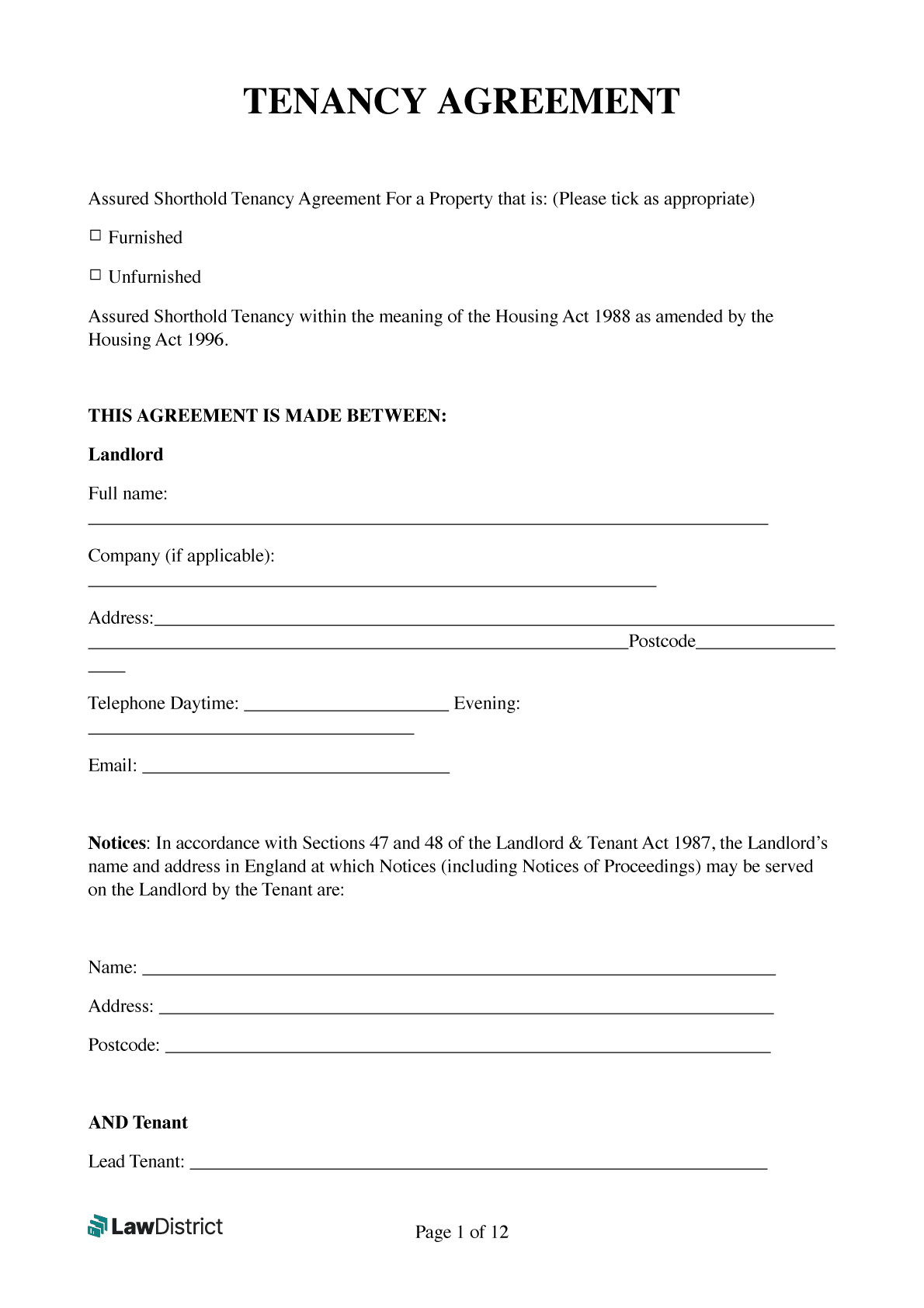 Free Tenancy Agreement Template Uk | Sample &amp;amp; Pdf | Lawdistrict inside Rental Lease Agreement Free Printable Uk