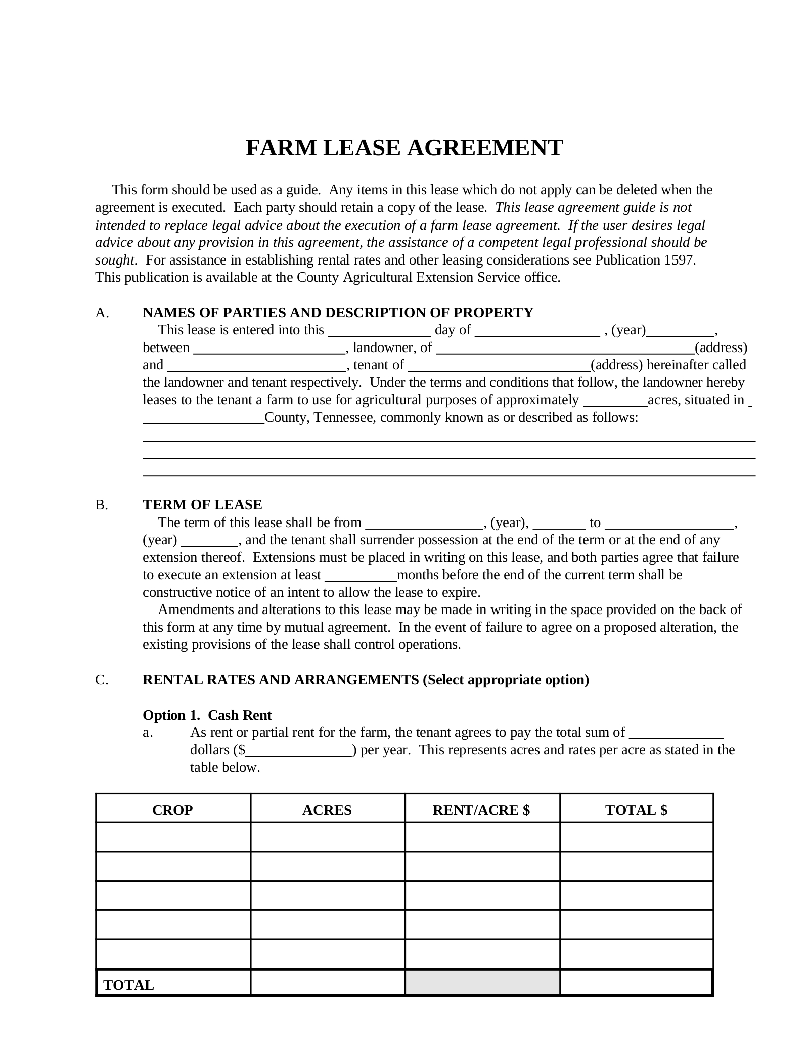 Free Tennessee Farm Lease Agreement Template - Pdf – Eforms with regard to Printable Simple Farm Land Lease Agreement Form