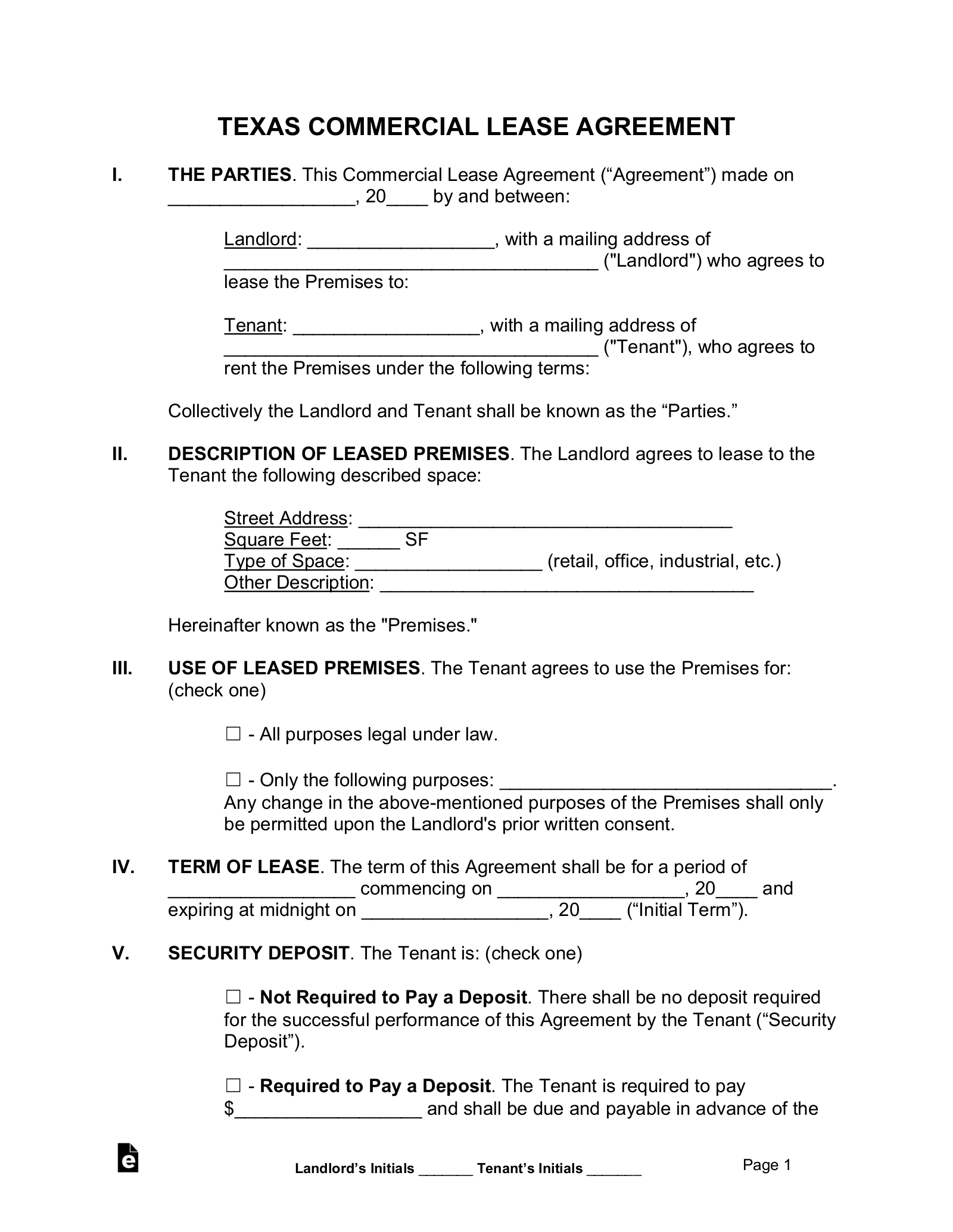 Free Texas Commercial Lease Agreement Template - Pdf | Word – Eforms throughout Printable Lease Agreement Texas Commercial