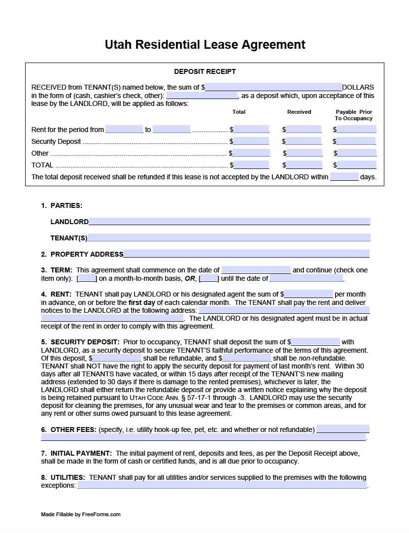 Free Utah Rental Lease Agreement Templates | Pdf with regard to Utah Lease Agreement Printable