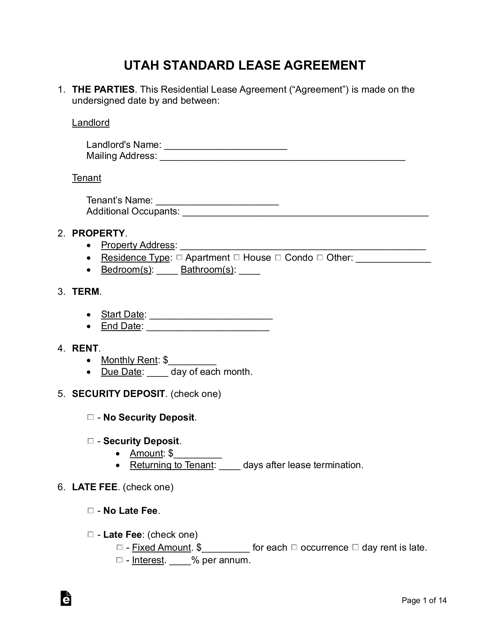 Free Utah Standard Residential Lease Agreement Template - Pdf inside Utah Lease Agreement Printable
