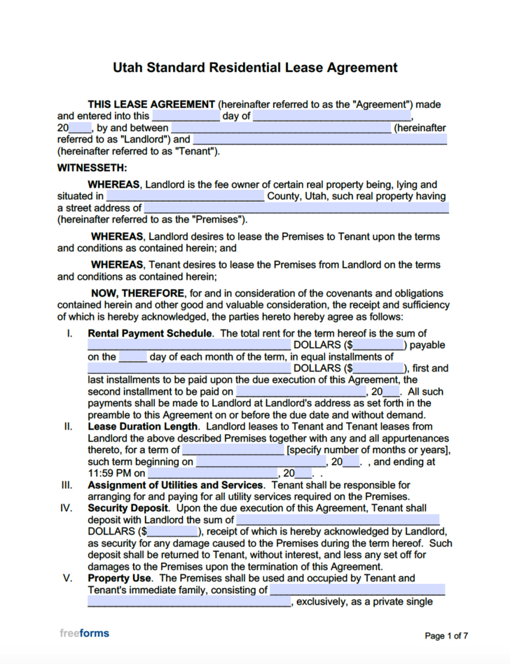 Utah Lease Agreement Printable