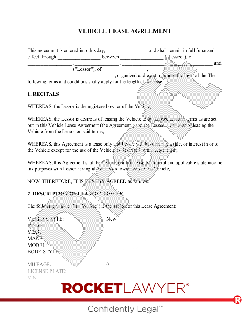 Free Vehicle Lease Agreement: Make &amp;amp; Sign - Rocket Lawyer with regard to Generic Vehicle Lease Agreement Printable