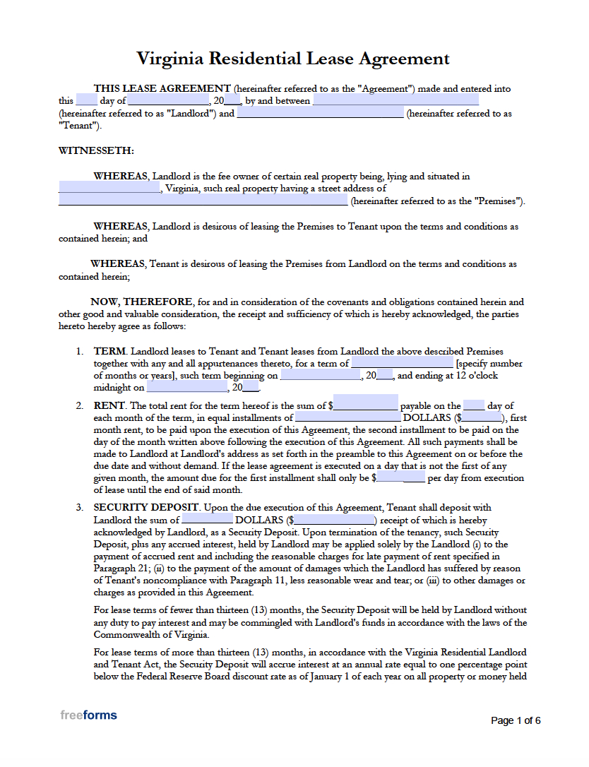 Free Virginia Rental Lease Agreement Templates | Pdf | Word intended for Free Printable Lease Agreement Template Virginia