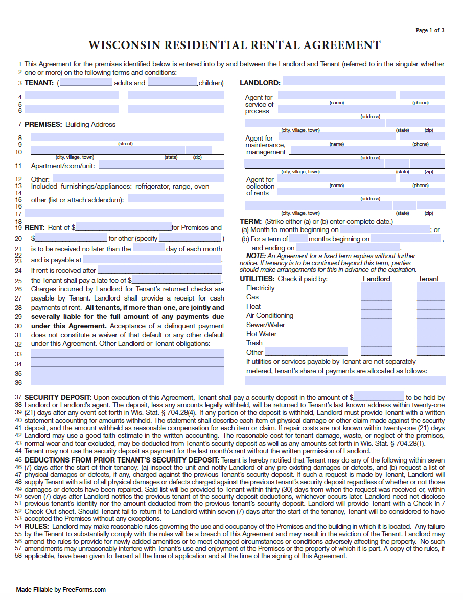 Free Wisconsin Rental Lease Agreement Templates | Pdf within Printable Lease Agreement Wisconsin