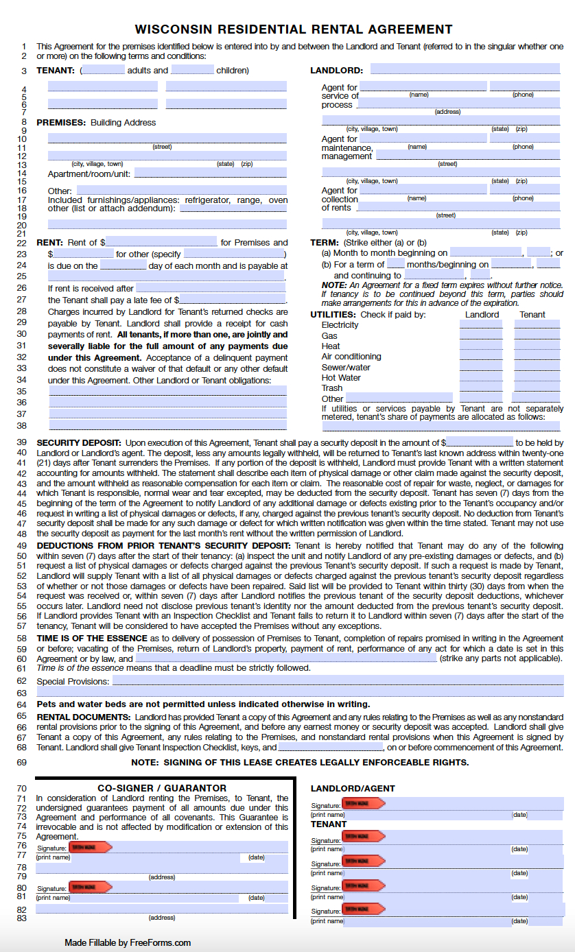 Free Wisconsin Standard Residential Lease Agreement Template | Pdf for Printable Lease Agreement Wisconsin