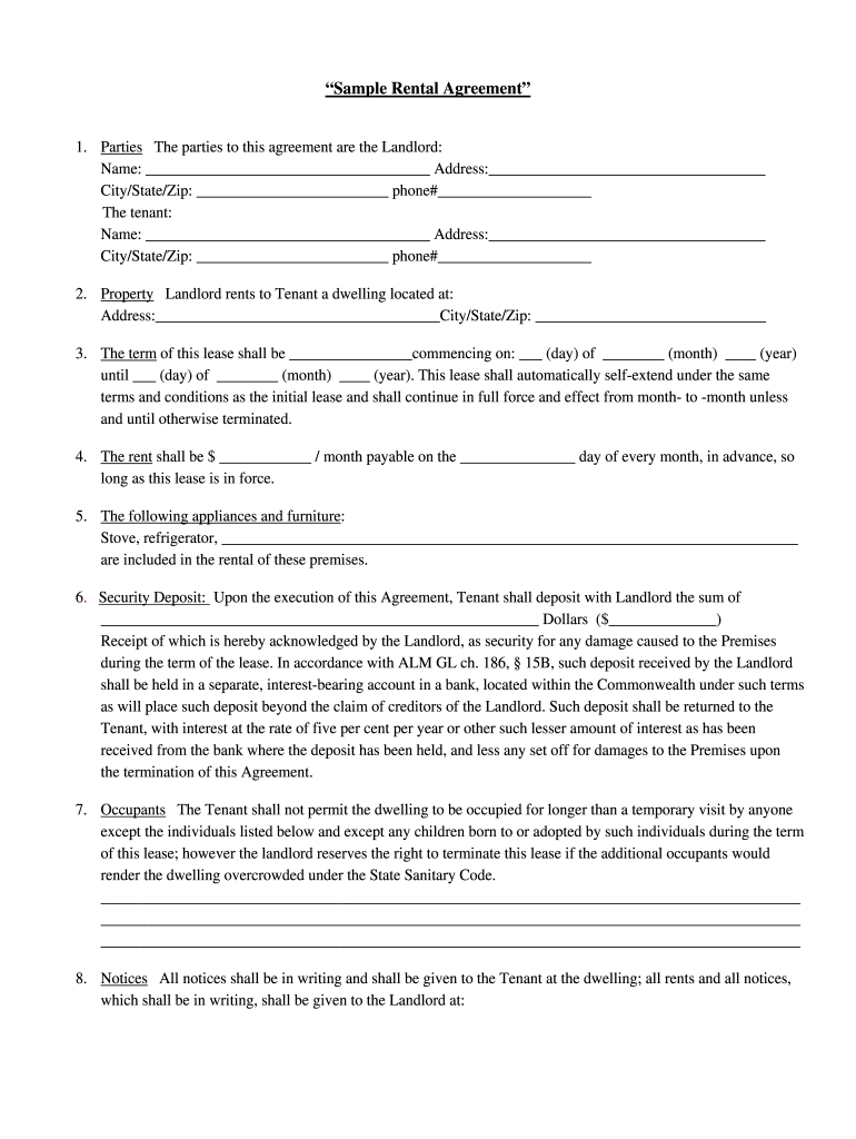 Ma Sample Rental Agreement Form - Fill Online, Printable, Fillable for 100 Free Printable Lease Agreement